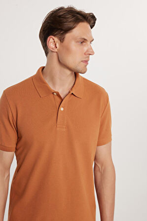 Erkek Slim Fit Dar Kesim %100 Pamuk Düz Pike Kahverengi Polo Yaka Tişört