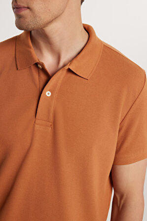 Erkek Slim Fit Dar Kesim %100 Pamuk Düz Pike Kahverengi Polo Yaka Tişört