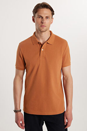 Erkek Slim Fit Dar Kesim %100 Pamuk Düz Pike Kahverengi Polo Yaka Tişört
