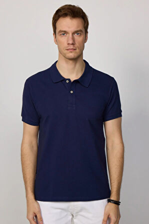 Erkek Slim Fit Dar Kesim %100 Pamuk Düz Pike Lacivert Polo Yaka Tişört