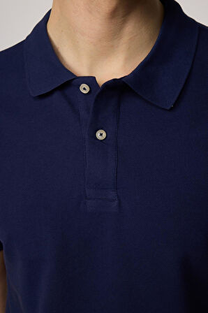 Erkek Slim Fit Dar Kesim %100 Pamuk Düz Pike Lacivert Polo Yaka Tişört