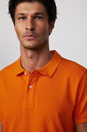 Erkek Slim Fit Dar Kesim %100 Pamuk Düz Pike Turuncu Polo Yaka Tişört