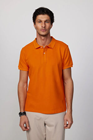 Erkek Slim Fit Dar Kesim %100 Pamuk Düz Pike Turuncu Polo Yaka Tişört