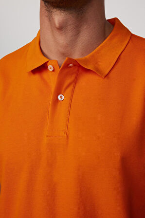 Erkek Slim Fit Dar Kesim %100 Pamuk Düz Pike Turuncu Polo Yaka Tişört
