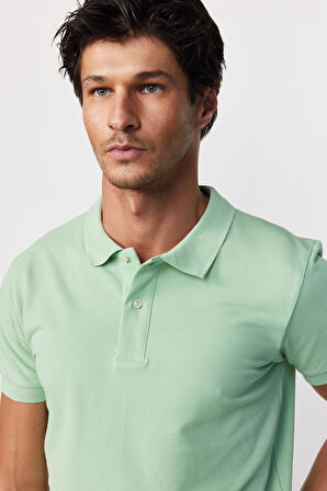 Erkek Slim Fit Dar Kesim %100 Pamuk Düz Pike Yeşil Polo Yaka Tişört