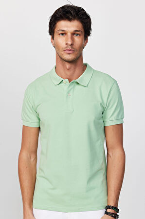 Erkek Slim Fit Dar Kesim %100 Pamuk Düz Pike Yeşil Polo Yaka Tişört