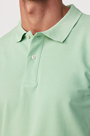 Erkek Slim Fit Dar Kesim %100 Pamuk Düz Pike Yeşil Polo Yaka Tişört