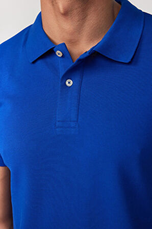 Erkek Slim Fit Dar Kesim %100 Pamuk Düz Pike Sax Mavi Polo Yaka Tişört