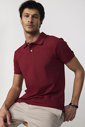 Erkek Slim Fit Dar Kesim %100 Pamuk Düz Pike Bordo Polo Yaka Tişört