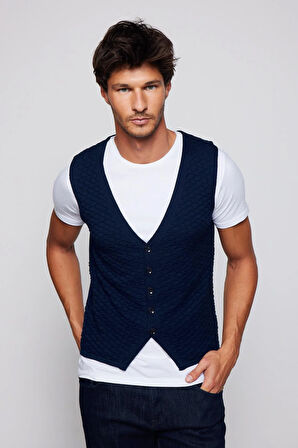 Slim Fit Desenli Lacivert Erkek Yelek