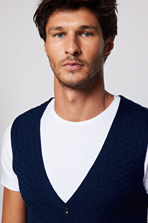 Slim Fit Desenli Lacivert Erkek Yelek