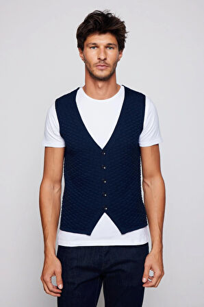 Slim Fit Desenli Lacivert Erkek Yelek