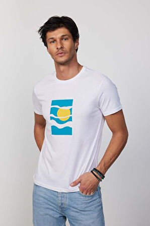 Erkek Slim Fit Dar Kesim %100 Pamuk Yumuşak Dokulu Baskılı Beyaz Bisiklet Yaka Tişört