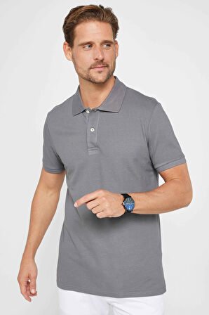 Erkek Slim Fit Dar Kesim %100 Pamuk Düz Pike Füme Polo Yaka Tişört