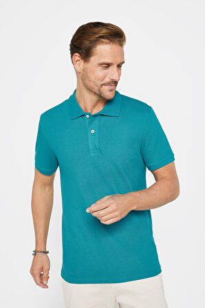 Erkek Slim Fit Dar Kesim %100 Pamuk Düz Pike Mavi Polo Yaka Tişört