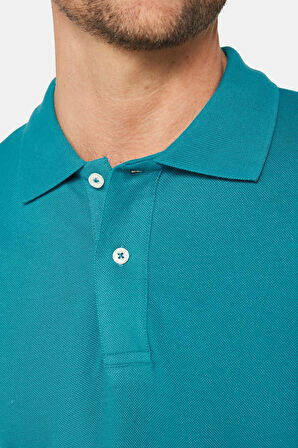 Erkek Slim Fit Dar Kesim %100 Pamuk Düz Pike Mavi Polo Yaka Tişört