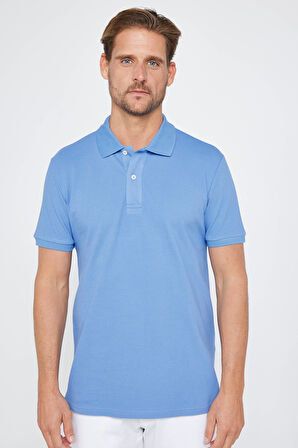 Erkek Slim Fit Dar Kesim %100 Pamuk Düz Pike Mavi Polo Yaka Tişört