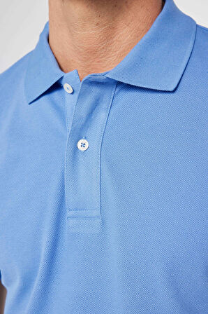 Erkek Slim Fit Dar Kesim %100 Pamuk Düz Pike Mavi Polo Yaka Tişört