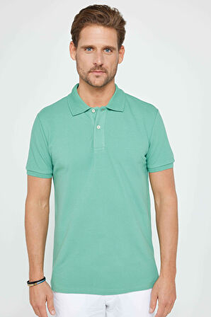 Erkek Slim Fit Dar Kesim %100 Pamuk Düz Pike Yeşil Polo Yaka Tişört