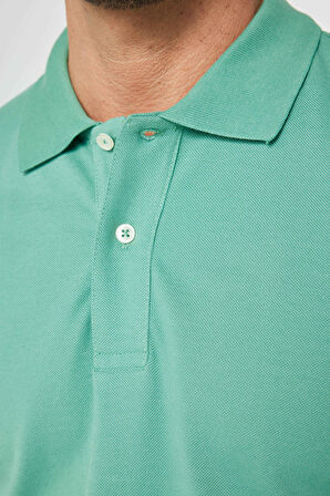 Erkek Slim Fit Dar Kesim %100 Pamuk Düz Pike Yeşil Polo Yaka Tişört