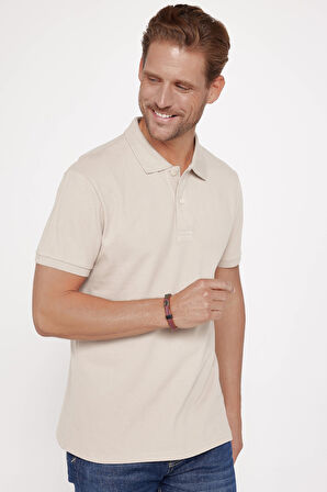Erkek Slim Fit Dar Kesim %100 Pamuk Düz Pike Taş Renk Polo Yaka Tişört