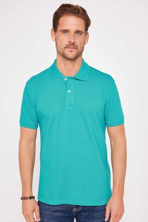 Erkek Slim Fit Dar Kesim %100 Pamuk Düz Pike Yeşil Polo Yaka Tişört