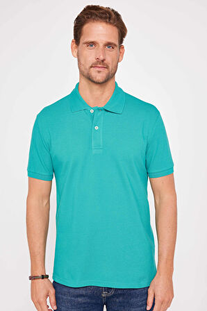 Erkek Slim Fit Dar Kesim %100 Pamuk Düz Pike Yeşil Polo Yaka Tişört