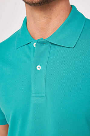 Erkek Slim Fit Dar Kesim %100 Pamuk Düz Pike Yeşil Polo Yaka Tişört