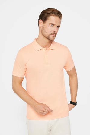 Erkek Slim Fit Dar Kesim %100 Pamuk Düz Pike Somon Renk Polo Yaka Tişört