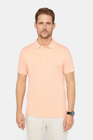 Erkek Slim Fit Dar Kesim %100 Pamuk Düz Pike Somon Renk Polo Yaka Tişört