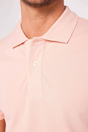 Erkek Slim Fit Dar Kesim %100 Pamuk Düz Pike Somon Renk Polo Yaka Tişört