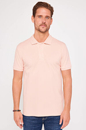 Erkek Slim Fit Dar Kesim %100 Pamuk Düz Pike Somon Renk Polo Yaka Tişört