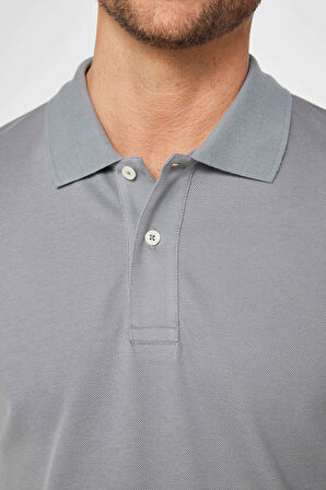 Erkek Slim Fit Dar Kesim %100 Pamuk Düz Pike Gri Polo Yaka Tişört