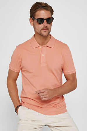 Erkek Slim Fit Dar Kesim %100 Pamuk Düz Pike Mercan Polo Yaka Tişört