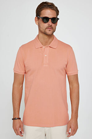 Erkek Slim Fit Dar Kesim %100 Pamuk Düz Pike Mercan Polo Yaka Tişört