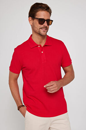 Erkek Slim Fit Dar Kesim %100 Pamuk Düz Pike Kırmızı Polo Yaka Tişört
