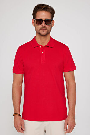 Erkek Slim Fit Dar Kesim %100 Pamuk Düz Pike Kırmızı Polo Yaka Tişört
