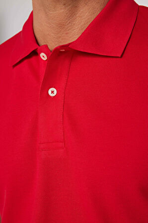 Erkek Slim Fit Dar Kesim %100 Pamuk Düz Pike Kırmızı Polo Yaka Tişört