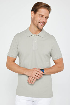 Erkek Slim Fit Dar Kesim %100 Pamuk Düz Pike Gri Polo Yaka Tişört