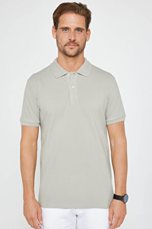 Erkek Slim Fit Dar Kesim %100 Pamuk Düz Pike Gri Polo Yaka Tişört