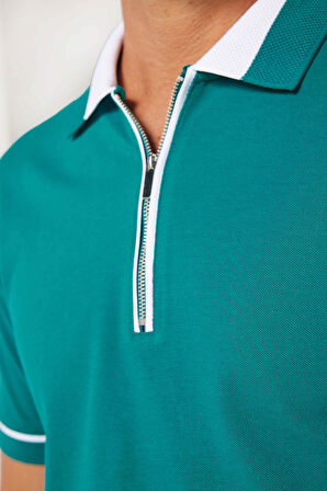 Erkek Slim Fit Dar Kesim %100 Pamuk Düz Pike Fermuarlı Yeşil Polo Yaka Tişört