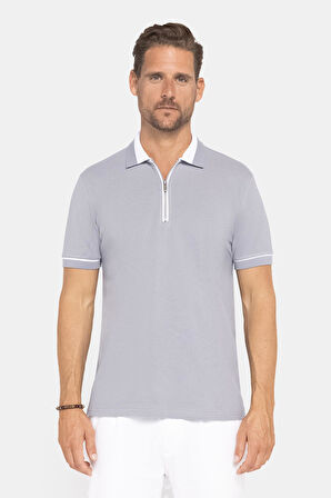 Erkek Slim Fit Dar Kesim %100 Pamuk Düz Pike Fermuarlı Gri Polo Yaka Tişört