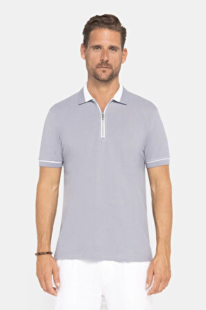 Erkek Slim Fit Dar Kesim %100 Pamuk Düz Pike Fermuarlı Gri Polo Yaka Tişört