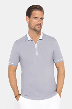 Erkek Slim Fit Dar Kesim %100 Pamuk Düz Pike Fermuarlı Gri Polo Yaka Tişört