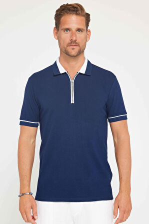 Erkek Slim Fit Dar Kesim %100 Pamuk Düz Pike Fermuarlı Lacivert Polo Yaka Tişört