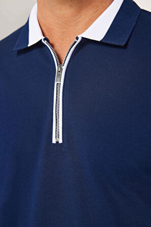 Erkek Slim Fit Dar Kesim %100 Pamuk Düz Pike Fermuarlı Lacivert Polo Yaka Tişört