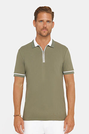 Erkek Slim Fit Dar Kesim %100 Pamuk Düz Pike Fermuarlı Haki Polo Yaka Tişört