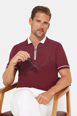 Erkek Slim Fit Dar Kesim %100 Pamuk Düz Pike Fermuarlı Bordo Polo Yaka Tişört