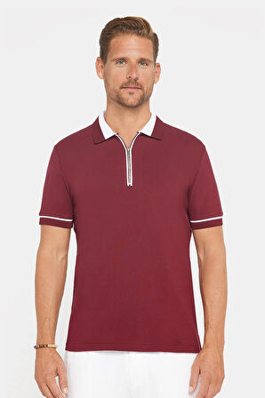 Erkek Slim Fit Dar Kesim %100 Pamuk Düz Pike Fermuarlı Bordo Polo Yaka Tişört