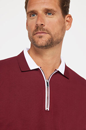 Erkek Slim Fit Dar Kesim %100 Pamuk Düz Pike Fermuarlı Bordo Polo Yaka Tişört